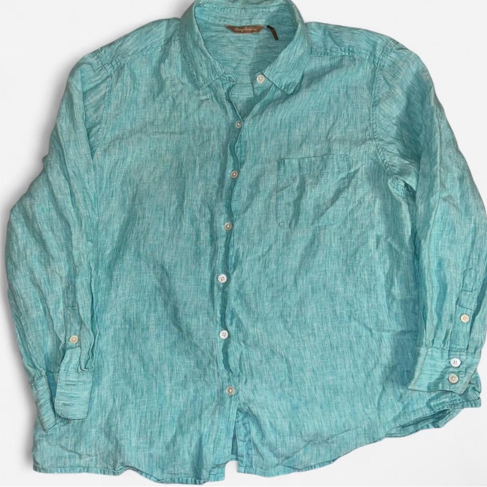 Tommy Bahama Linen Shirt Men’s Size medium Blue Sea Glass Breezer Beach Coastal